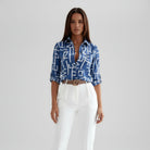 Womens lightweight printed blouse featuring a classic collar and roll-up sleeves, designed for a relaxed fit ideal for casual or semi-formal occasions. 6