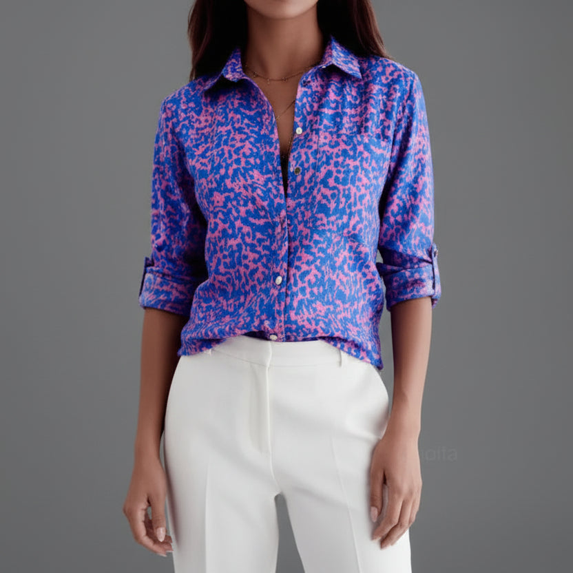 Womens lightweight printed blouse featuring a classic collar and roll-up sleeves, designed for a relaxed fit ideal for casual or semi-formal occasions. 7