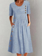 Womens summer dress featuring a striped design, midi length, and breathable fabric for an elegant and comfortable fit. 0