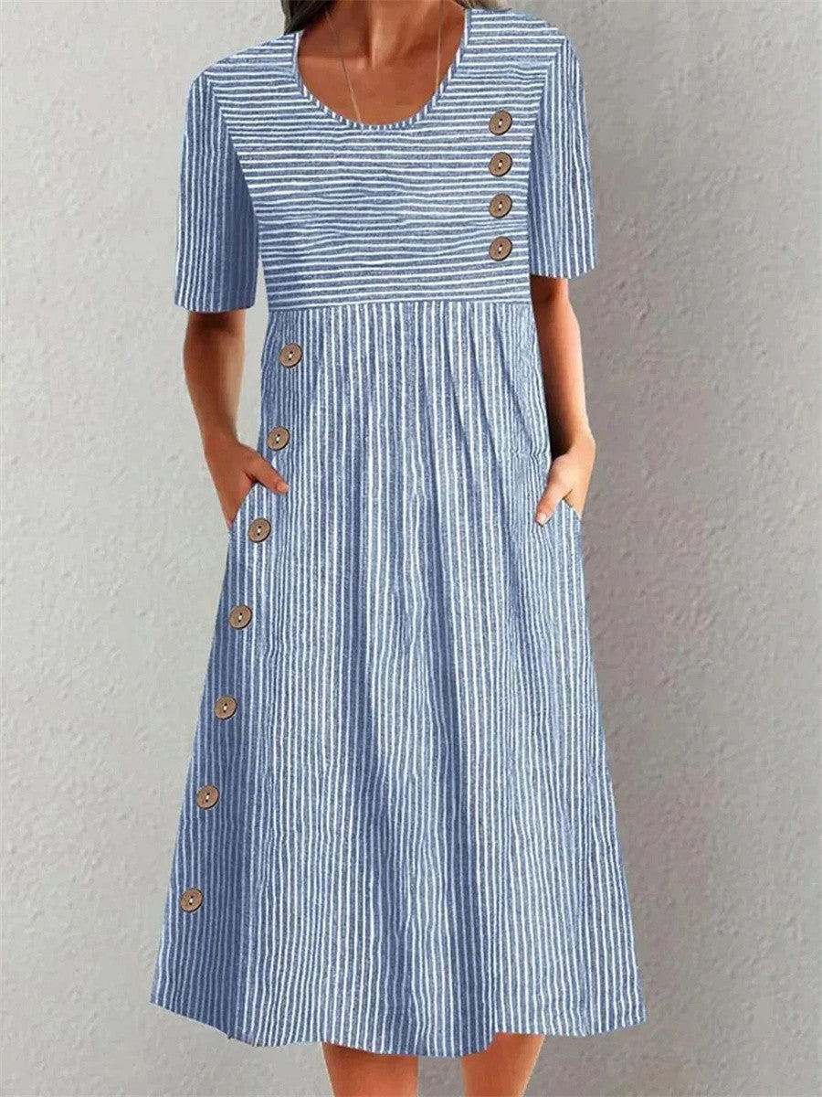 Womens summer dress featuring a striped design, midi length, and breathable fabric for an elegant and comfortable fit. 0