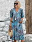 Womens summer dress featuring a V-neck design and a vibrant floral pattern, knee-length, made from soft fabric, and includes convenient side pockets. 1