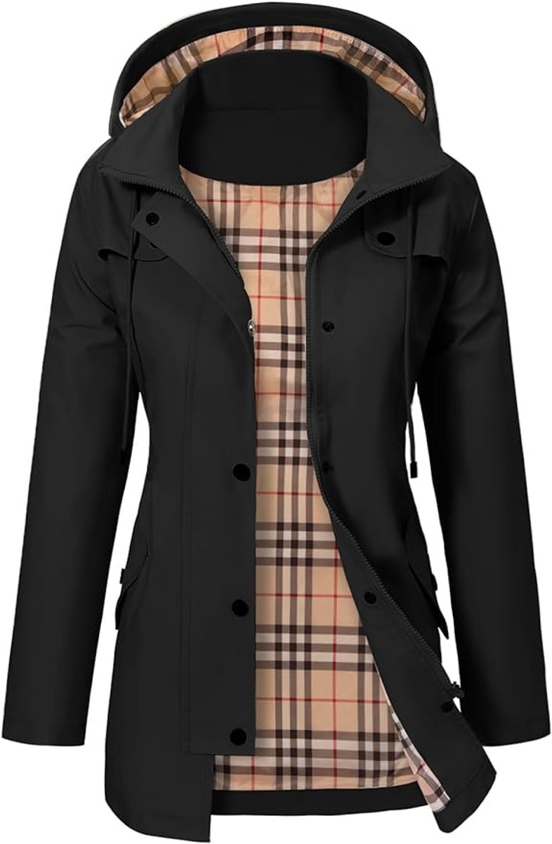 Womens waterproof coat featuring an adjustable waist and hood, designed with a stylish plaid lining, perfect for rainy days and outdoor activities. 0