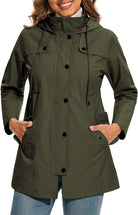 Womens waterproof coat featuring an adjustable waist and hood, designed with a stylish plaid lining, perfect for rainy days and outdoor activities. 7