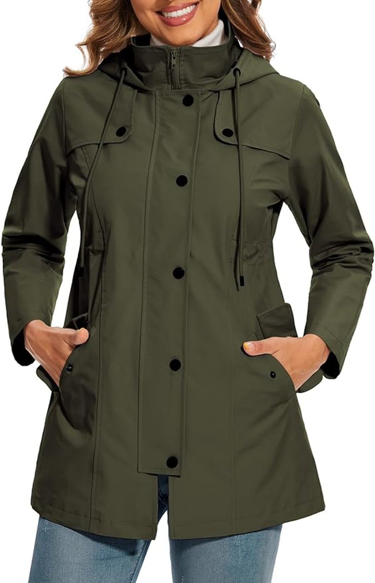 Womens waterproof coat featuring an adjustable waist and hood, designed with a stylish plaid lining, perfect for rainy days and outdoor activities. 7