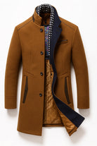 Elegant wool blend overcoat featuring a modern design, perfect for stylish warmth and insulation during cold weather. 1