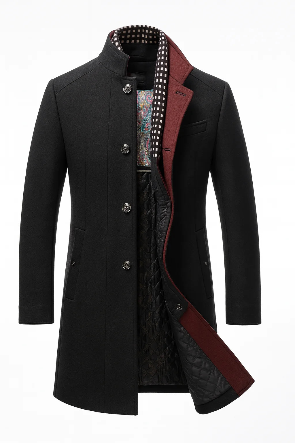 Elegant wool blend overcoat featuring a modern design, perfect for stylish warmth and insulation during cold weather. 2