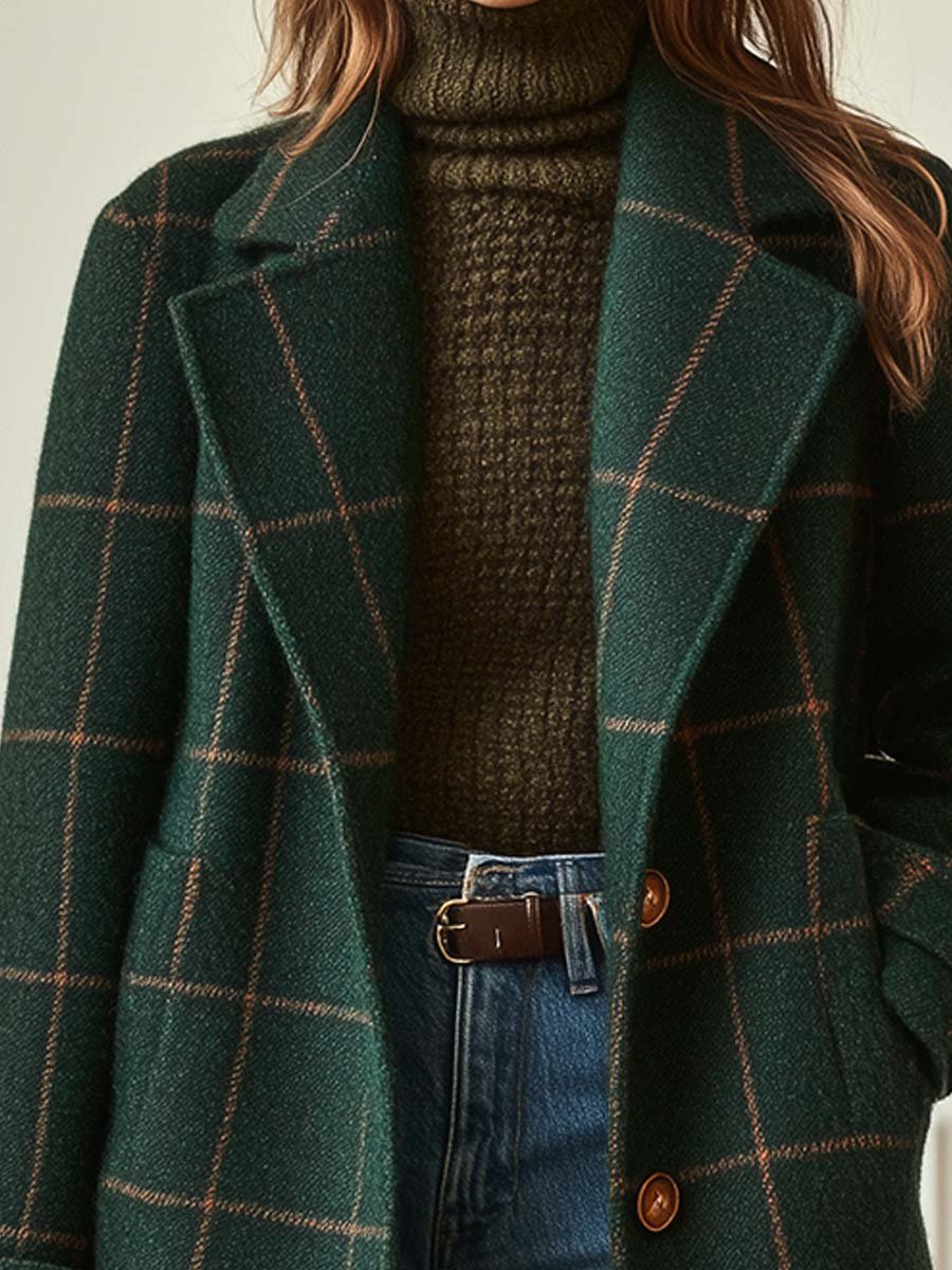 Elegant women's wool check coat featuring a soft lining and stylish lapel collar, perfect for winter outerwear. 1