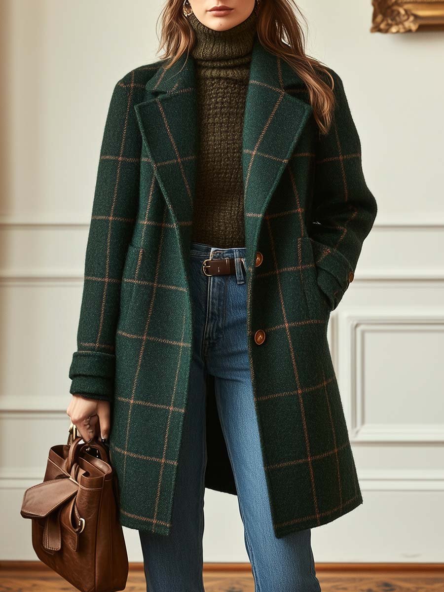 Elegant women's wool check coat featuring a soft lining and stylish lapel collar, perfect for winter outerwear. 2