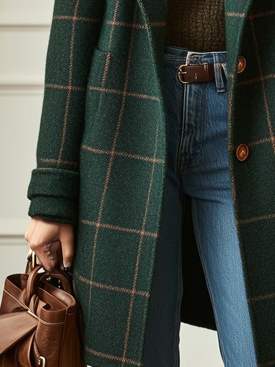 Elegant women's wool check coat featuring a soft lining and stylish lapel collar, perfect for winter outerwear. 4