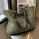 Woven tote bag with leather handles, perfect lightweight beach bag for summer adventures, showcasing a stylish design and spacious interior. 1