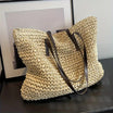 Woven tote bag with leather handles, perfect lightweight beach bag for summer adventures, showcasing a stylish design and spacious interior. 4