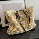 Woven tote bag with leather handles, perfect lightweight beach bag for summer adventures, showcasing a stylish design and spacious interior. 4