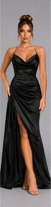 Satin Maxi Dress with Ruched Sweetheart Neckline and High Split for Women – Elegant Long Evening Dress