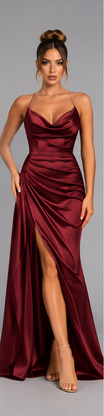 Satin Maxi Dress with Ruched Sweetheart Neckline and High Split for Women – Elegant Long Evening Dress