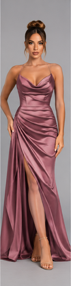 Satin Maxi Dress with Ruched Sweetheart Neckline and High Split for Women – Elegant Long Evening Dress