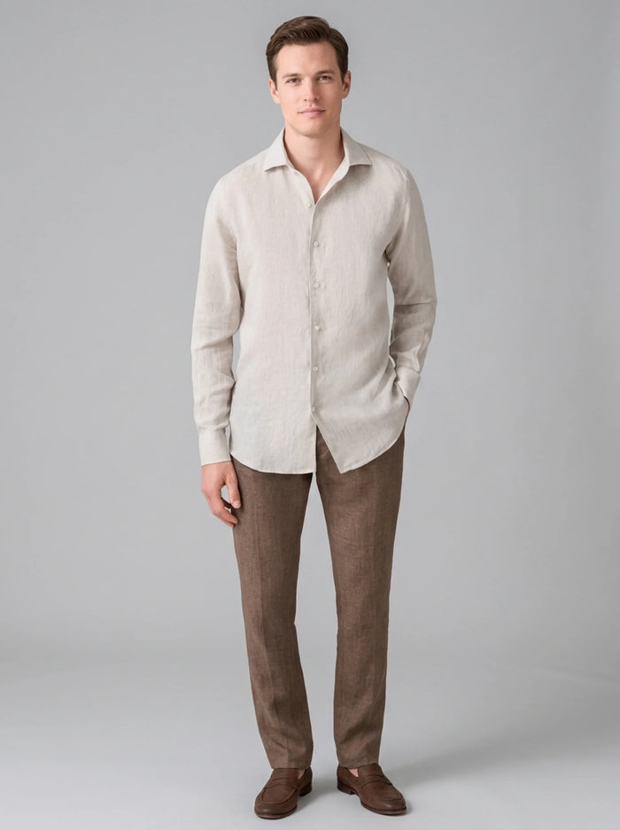 Beige Men's Button-Up Shirt with Long Sleeves and Collar
