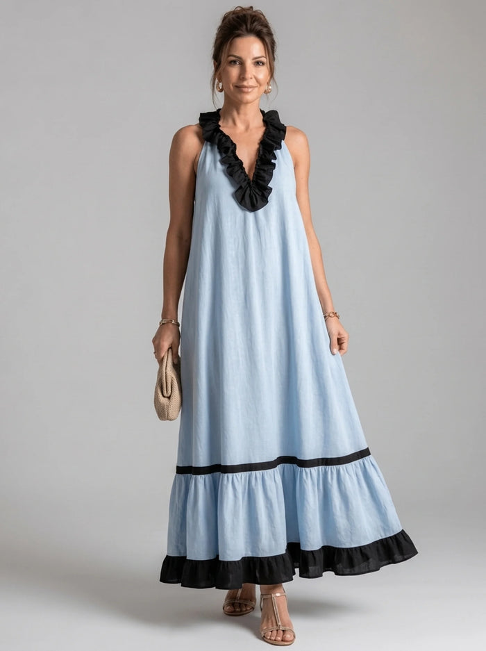 A-Line Maxi Dress with Ruffle Trim and V-Neck – Elegant Sleeveless Long Dress for Women in Blue and Off-White
